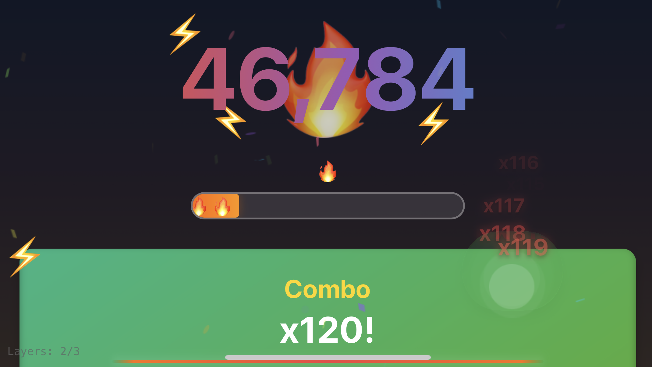 Clickmania mid-combo — a giant rainbow-gradient 46,784 click counter with a flame, the streak bar filling, and the combo card hitting x120