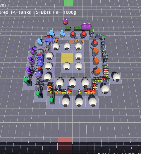 Maze TD prototype mid-wave — a player-built maze of white Sheep domes ringed by upgraded gunner, slow, and aura towers, with enemies threading the perimeter